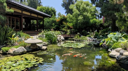 Naklejka premium Waterfall in a beautiful tropical garden with pond and green plants.