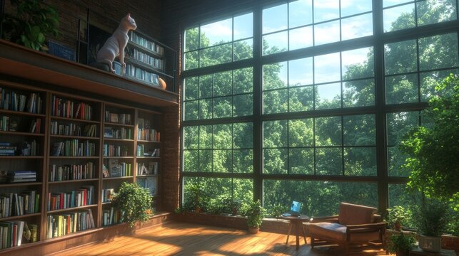 Cozy Reading Nook with Large Windows and Bookshelves.