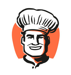 Happy man chef in hat logo or emblem. Male cook, food service sign symbol vector illustration