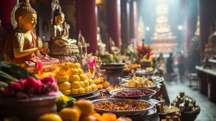 Serene Buddhist Ritual Offerings at Vegetarian Festival in Temple Setting