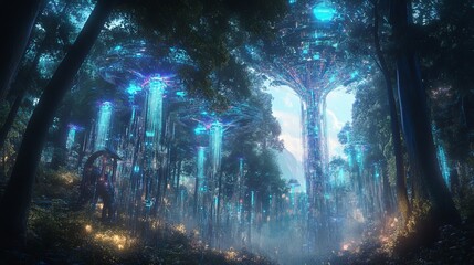 Imagine a dense, vibrant forest where the trees are partially made of living wood and partially cybernetic components. 