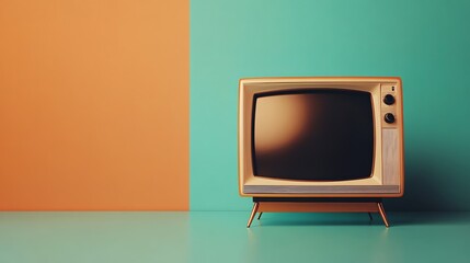 A vintage television set against a teal and orange wall.