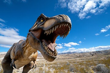 Obraz premium A T-Rex roaring into the sky, asserting its dominance over its territory in a vast prehistoric valley