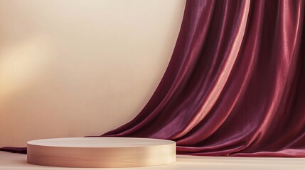 A finely crafted wooden podium placed against a clean beige backdrop, with a rich burgundy curtain flowing elegantly behind. The abstract, minimalistic scene is enhanced by soft lighting.