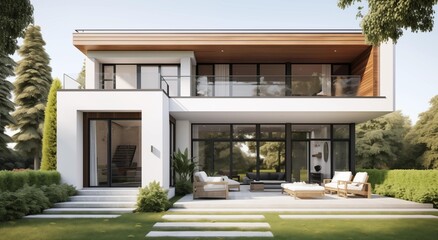 A contemporary house featuring expansive windows and a spacious patio, showcasing modern architectural design elements.