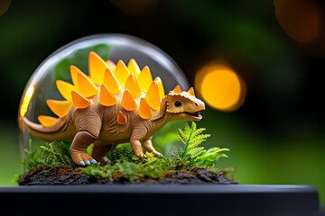 A baby Stegosaurus exploring its surroundings, under the watchful eye of its mother, nibbling on ferns and shrubs