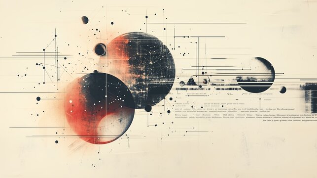 Abstract cosmic art depicting planets and geometric patterns with a blend of colors, exploring space themes in a creative composition