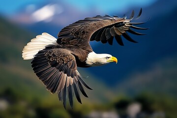 Obraz premium A bald eagle soaring high above the mountains, its keen eyes scanning the landscape for potential prey below