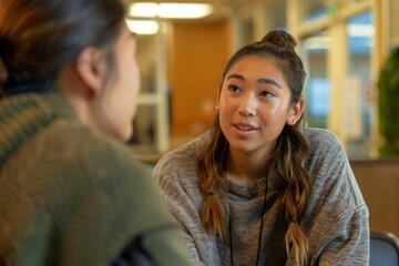 A student is talking with a school counselor about college plans and future aspirations