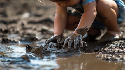 A small child's hands playing in mud, sculpting shapes and exploring textures, a scene of pure, simple joy