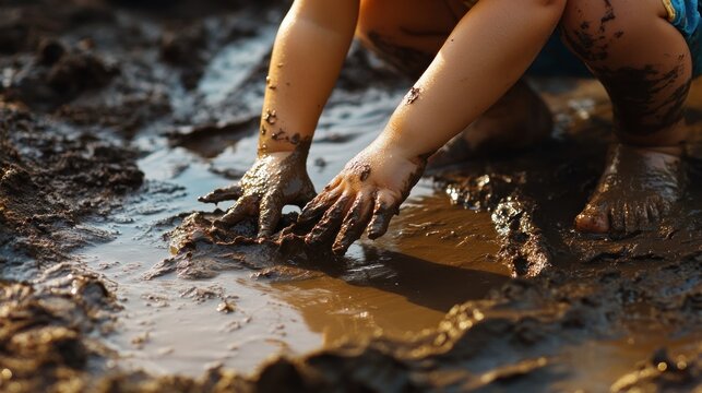 A small child's hands playing in mud, sculpting shapes and exploring textures, a scene of pure, simple joy