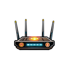 A modern wi-fi router with four antennas, a dual band wifi router with lights on the front.