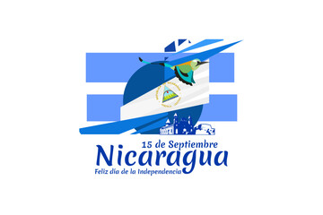 Translation: September 15, Nicaragua, Happy Independence day. Happy Independence Day of Nicaragua vector illustration. Suitable for greeting card, poster and banner.