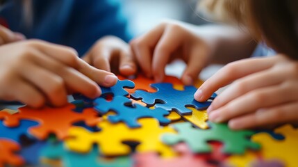 Children's Hands Working on a Colorful Puzzle Together