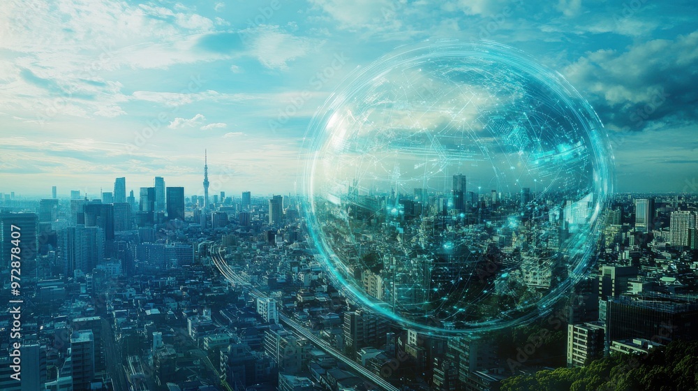 Canvas Prints digital globe with global network and icons of smart city, sustainable development, and environmenta
