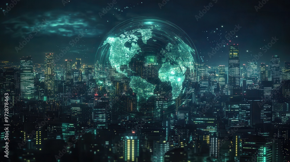 Canvas Prints digital globe with global network and icons of smart city, sustainable development, and environmenta