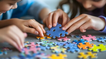 Children's Hands Assembling a Colorful Jigsaw Puzzle