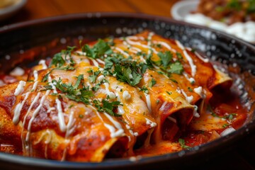 Enchiladas: A dish of enchiladas covered in red sauce and melted cheese
