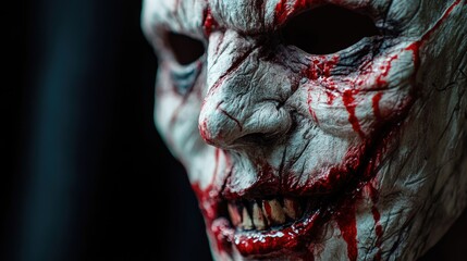 Close-up of a handcrafted vampire mask with intricate detailing and realistic bloodstains, displayed on a dark background