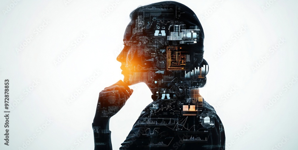 Poster conceptual illustration of ai businessperson with machine learning symbols in deep thought pose