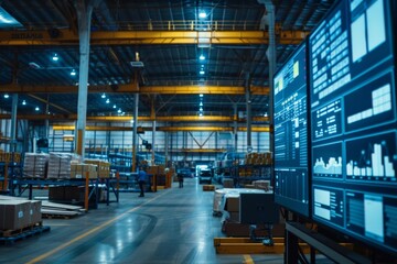 LED screens display real time inventory data in a large modern warehouse with workers in background