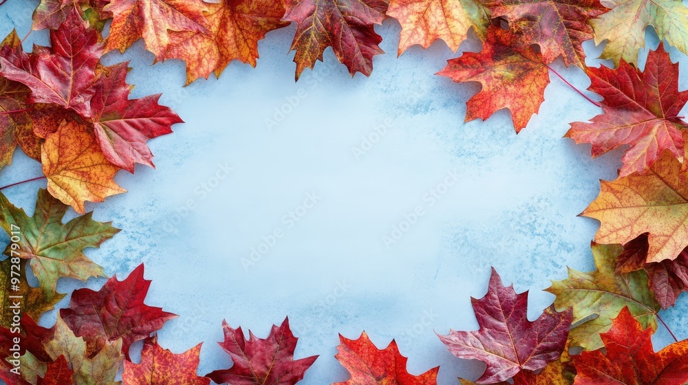Poster a frame of colorful fall leaves around a blank background, evoking the essence of autumn with ample 