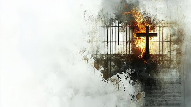 A torn constitution beside a burning cross and barred windows, isolated on a white background