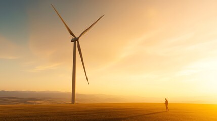 Fototapeta premium A serene silhouette of a person standing near a large wind turbine at sunset, symbolizing renewable energy and tranquility.