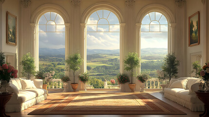 A serene interior with large windows showcasing a scenic landscape.