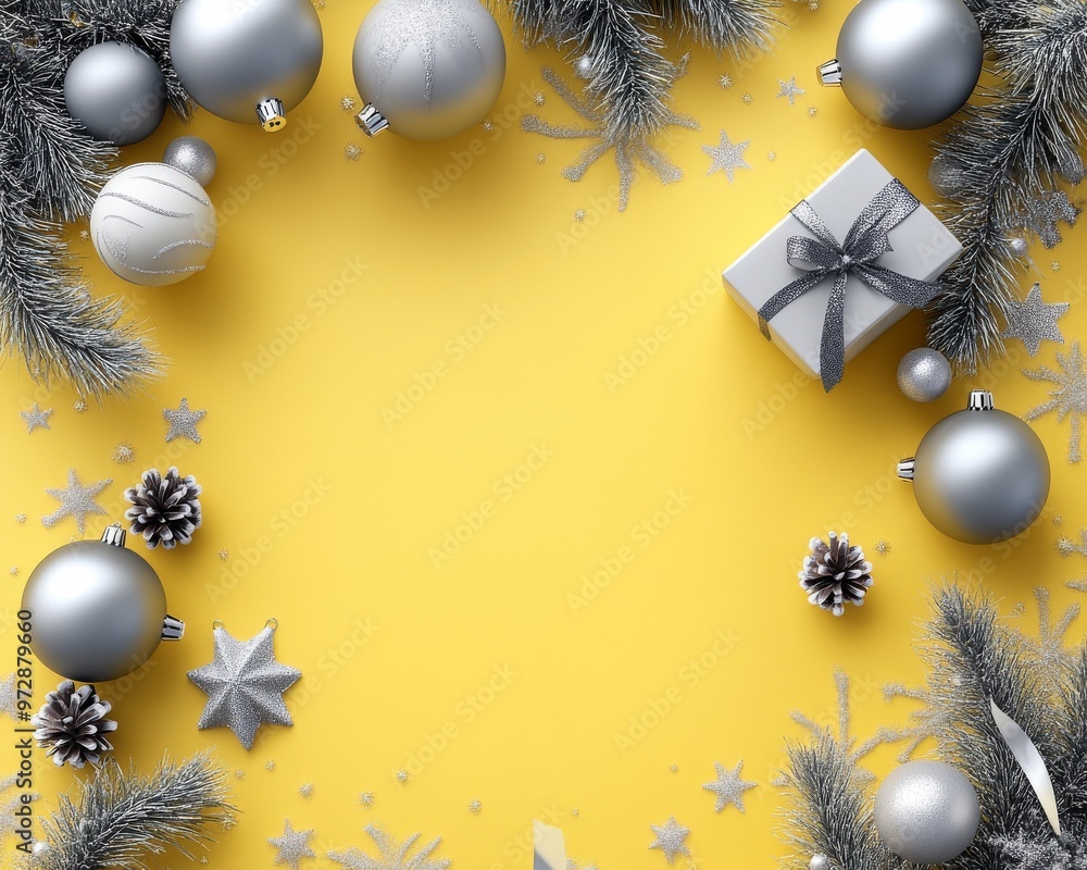 Wall mural Christmas yellow background with Christmas balls and gray decorations