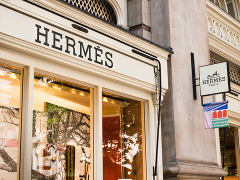 London, UK, September 13th 2024:Hermes store front and shop window. Located at 12/13 Royal Exchange, London EC3V 3LL. High end retailer carrying the luxury brand's apparel, handbags and scarves .