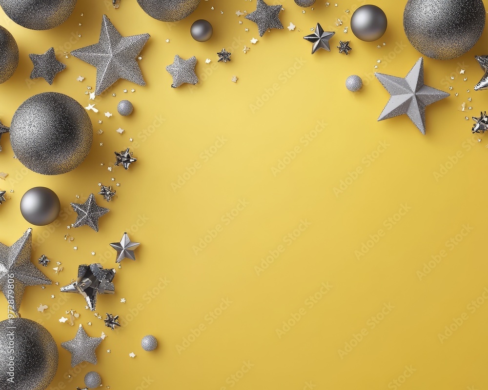 Wall mural Christmas yellow background with Christmas balls and gray decorations