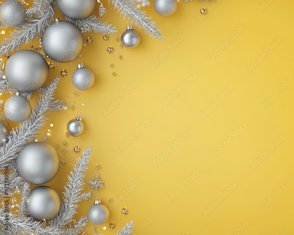 Wall mural christmas yellow background with christmas balls and gray decorations