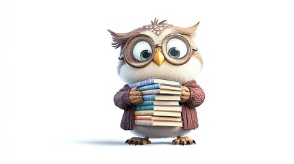 Obraz premium Owl Librarian A wiselooking cartoon owl with round glasses perched on its beak