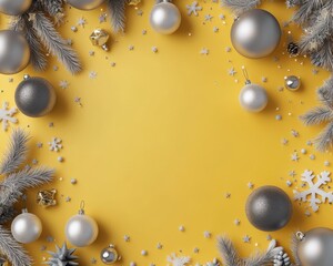 Fototapeta premium Christmas yellow background with Christmas balls and gray decorations