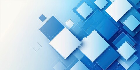 Blue and white squares in a geometric pattern, with various overlapping shapes creating a digital, modern look, featuring shades of blue and white.