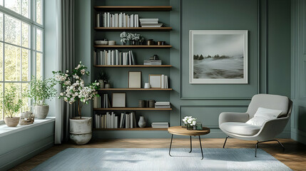 A serene living room featuring shelves of books, plants, and a cozy armchair.