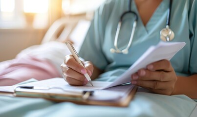 Nurse Taking Notes While Attending to a Patient in a Hospital Bed: Compassionate Care in Action