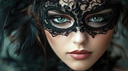 Fototapeta premium Woman wearing an elegant mask with black lace and feathers, her eyes mysterious and captivating