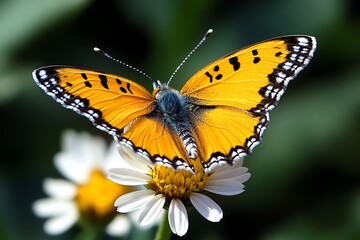 Obraz premium A butterfly resting on a flower, its wings slowly opening and closing as it basks in the sunlight of a meadow