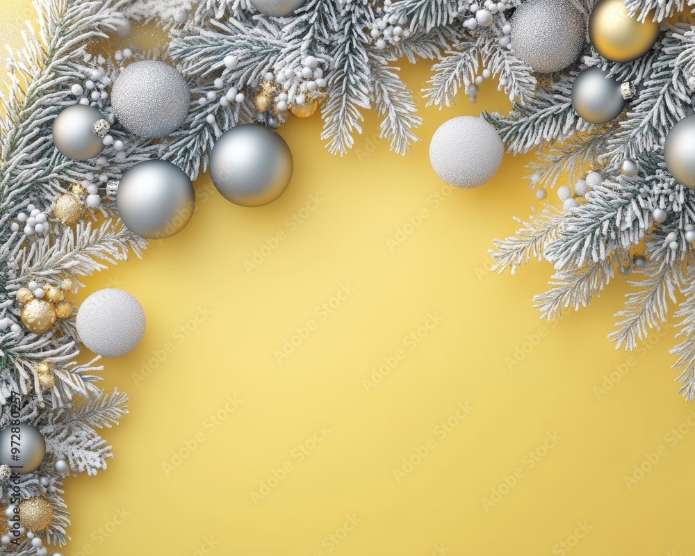 Wall mural christmas yellow background with christmas balls and gray decorations