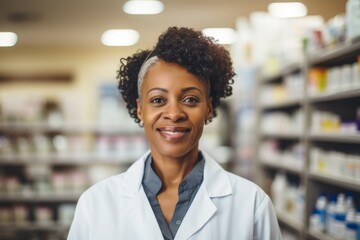 Obraz premium Portrait of a middle aged African American female worker in pharmacy