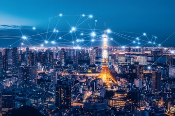 Fototapeta premium Digital cityscape of Japan at night with global network connections and futuristic design