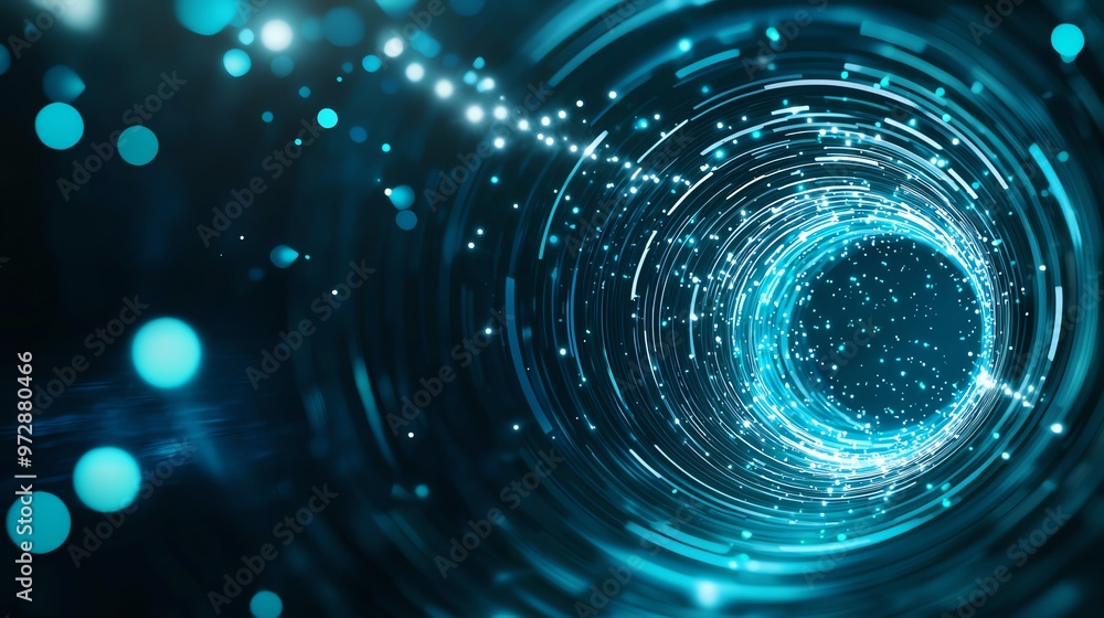 Poster a mesmerizing digital tunnel with glowing particles, creating an illusion of depth and movement in a