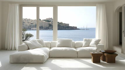 A serene living room with a white sofa and a view of the sea and coastal landscape.