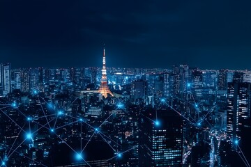 Fototapeta premium Digital cityscape of Japan at night with global network connections and futuristic design