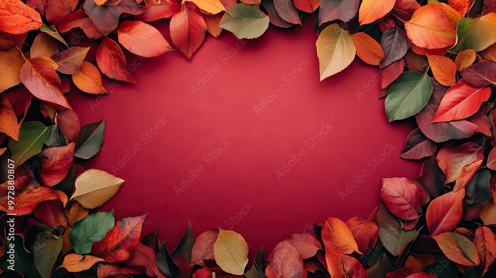 Poster a frame of vibrant fall leaves surrounding a solid color background, creating a seasonal scene with 