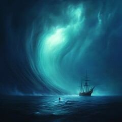 Fototapeta premium Man Facing Giant Wave and Ship.