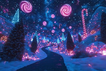 Magical winter wonderland with glowing candy canes, swirling lollipops, and sparkling trees under a starry night sky