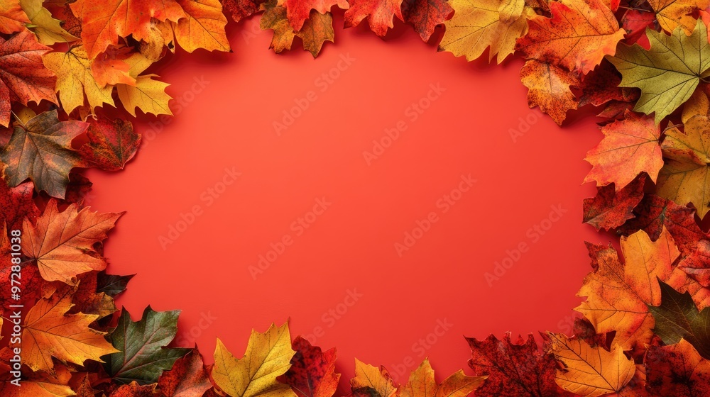 Poster a frame of vibrant fall leaves surrounding a solid color background, creating a seasonal scene with 